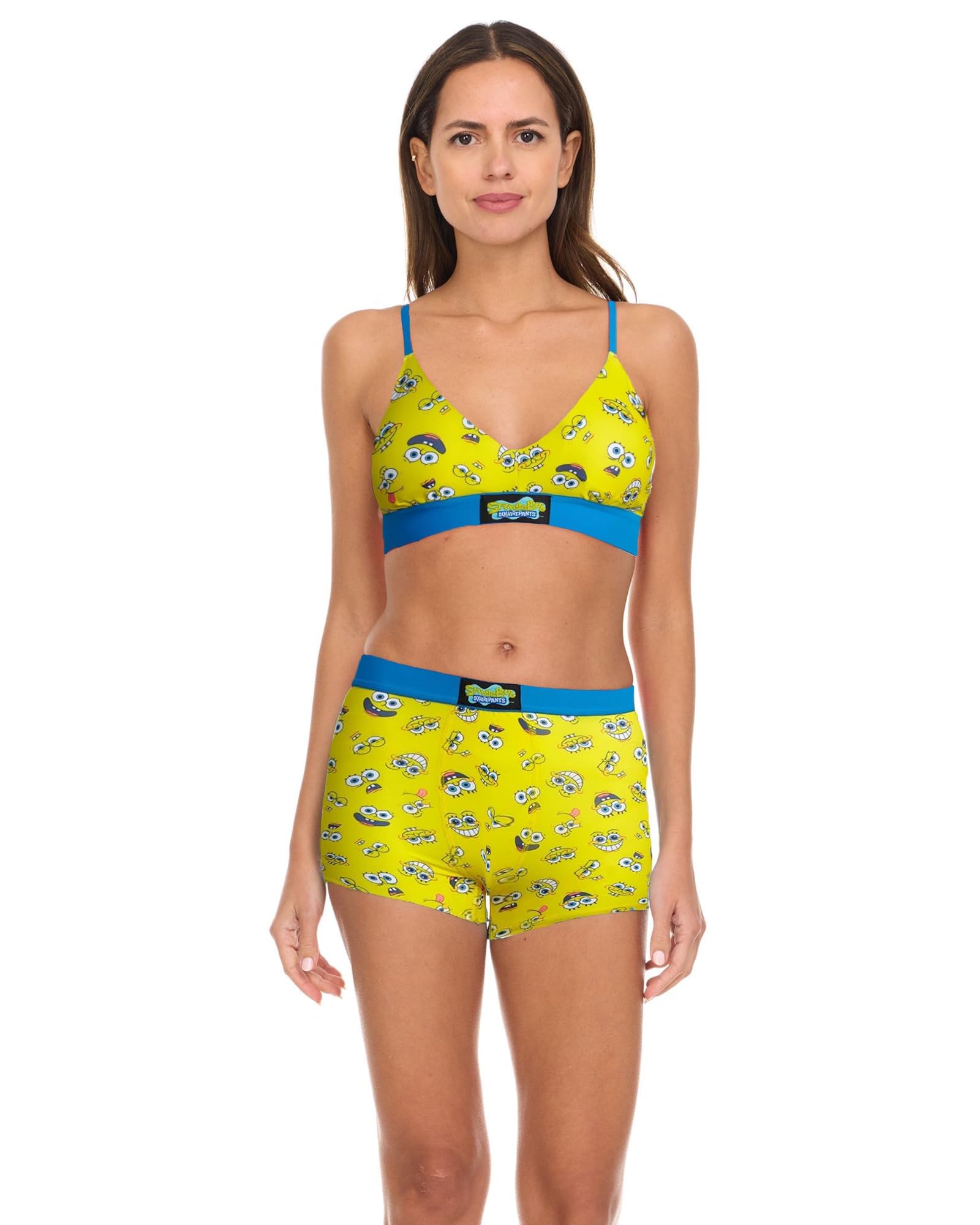 Coco Brands Women's Silly Faces / Yellow Spongebob Squarepants Sports Bra Set - 2 Piece Snoopy Boxer Briefs And Racerback Bras For (S-Xl), Silly Faces/Yellow, Xl
