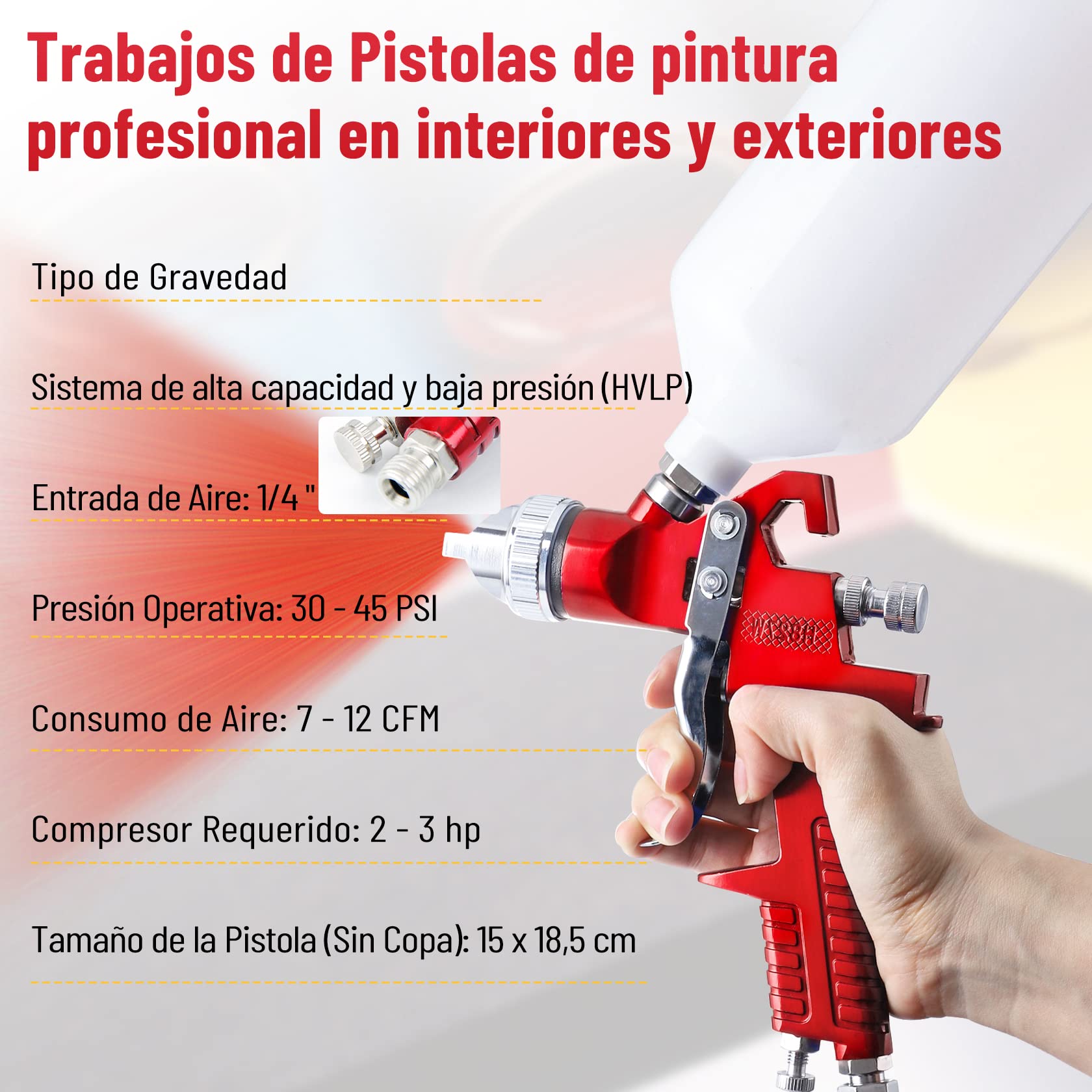 CarBole Pistola de Pintura HVLP con Taza 1000cc y 4 Boquillas