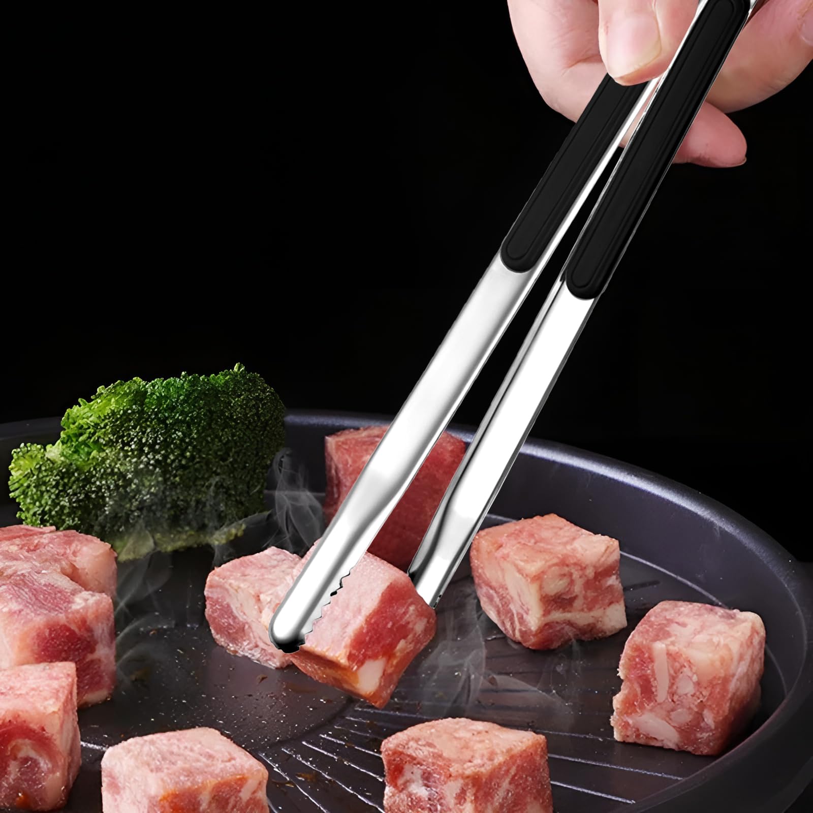 Juego de 3 pinzas de cocina de acero inoxidable para cocinar, 3 pinzas de metal (9, 10 y 12 pulgadas), pinzas para servir con agarre cómodo antideslizante para barbacoa, ensalada y parrilla 6