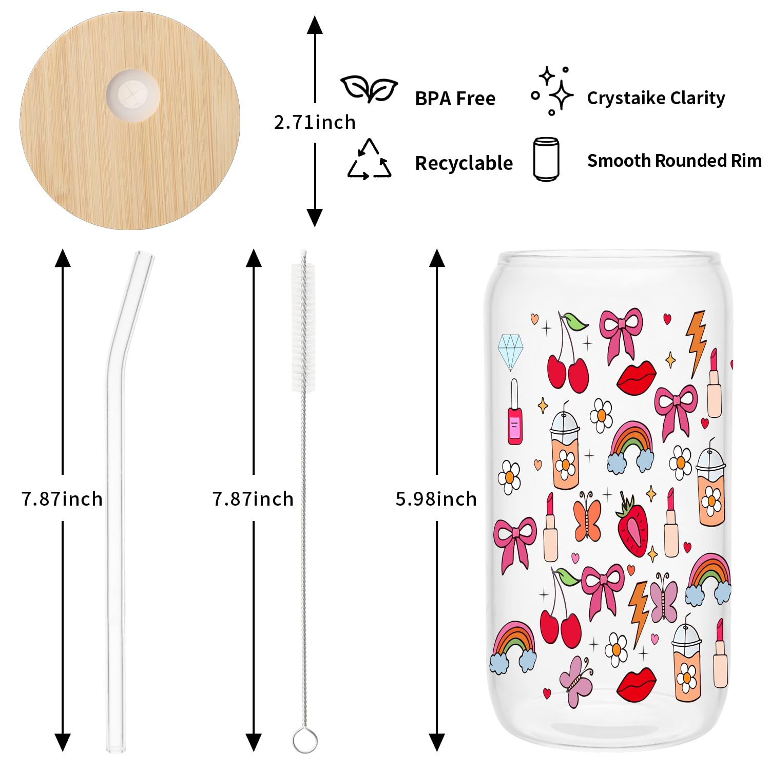 MRYAWXBK Cute Girly Bows Glass Cup with Bamboo Lids Straw 16oz, Aesthetic Ice Coffee Glass Tumbler for Soda Boba Tea Cocktail Birthday Gifts for Her Mom
