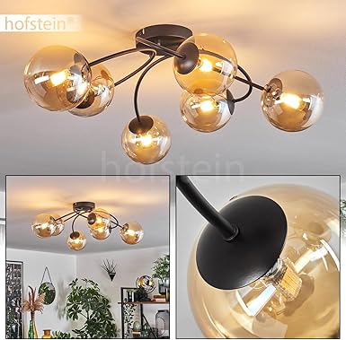 hofstein HOFSTEIN Plafondlamp Chehalis, plafondlamp van metaal/glas in zwart/barnsteen, lamp in modern retro/vintage design met glazen kappen (Ø 12 cm), 6 x G9, zonder lamp photo 2