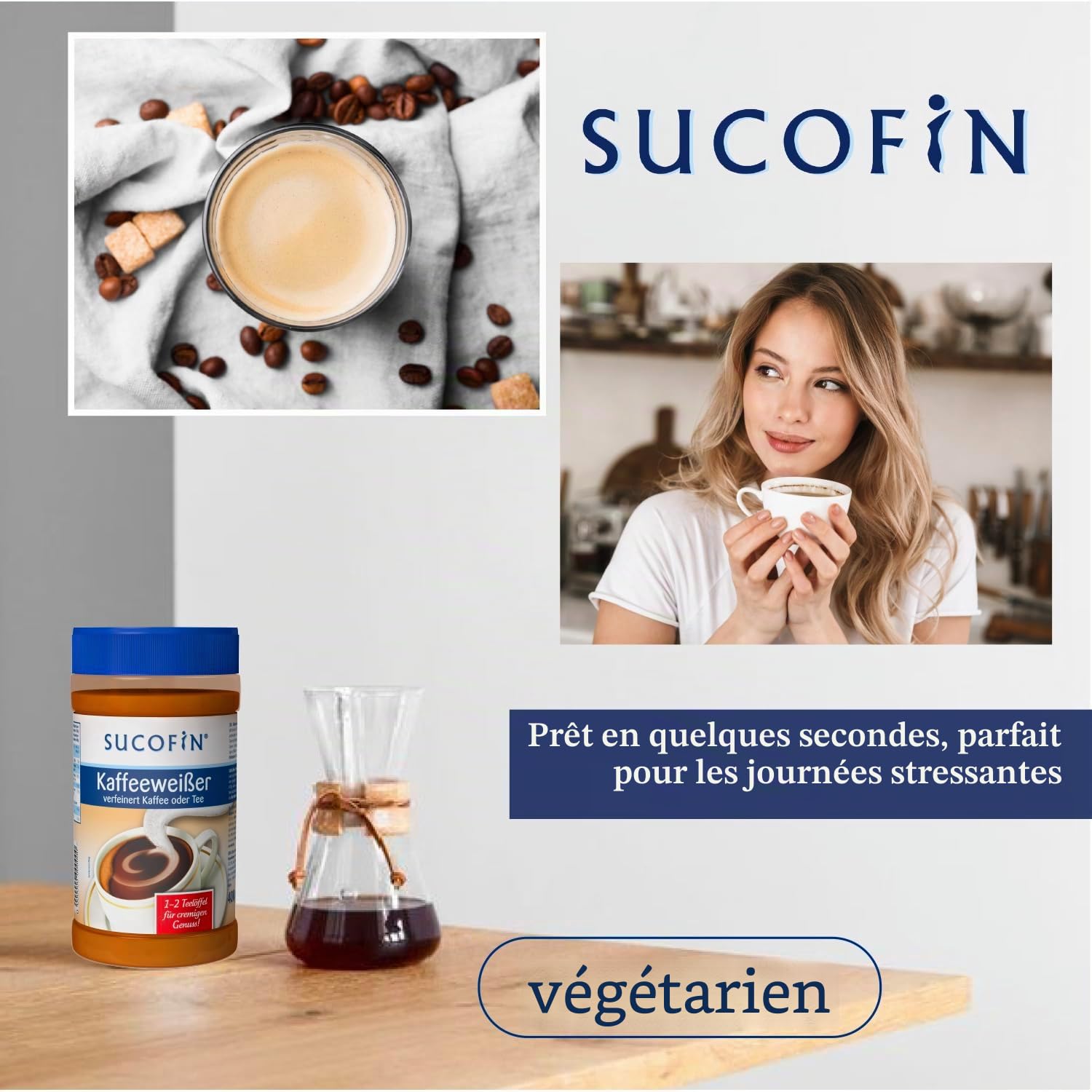 SUCOFIN Lot de 6 boîtes de 400 g de café blanc - Pour affiner le café et le thé facilement solubles - Longue durée de vie - Remplacement parfait du lait en poudre - Lot de 6 pour un plaisir crémeux