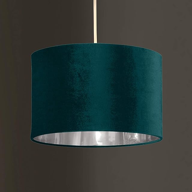 Deco Velvet Teal Fabric Outer and Metallic Silver Inner Ceiling Pendant Drum Light Shade