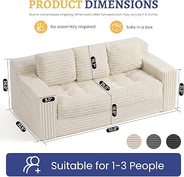 Boneless Couch, Cloud Loveseat Sofa Corduroy Couch in a Box, Upholstered Boneless 3 Seater Couch for Living Room Bedroom Office Apartment, No Assembly Required, Beige