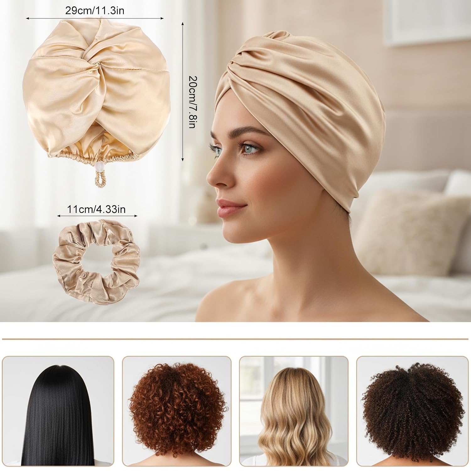 Silk Satin Hair Bonnet Adjustable Sleeping Women Hair Wrap Double Layer Night Turban Smooth Shower Sleep Cap for Natural Curly Straight Unisex Braid