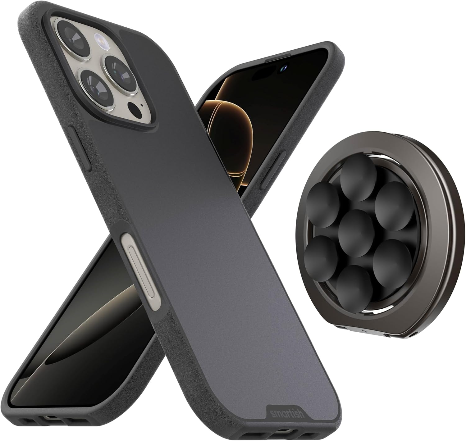 Smartish iPhone 16 Pro MagSafe Case + Magnetic Suction Mount + Phone Grip/Finger Loop + Kickstand Bundle - Gripmunk + WallFlower - 3 in 1 Reversible Magnetic Phone Grip - Black Tie Affair