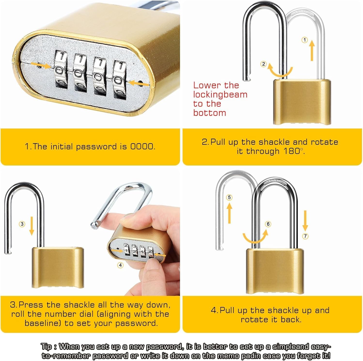 2 Pack Lock Brass Combination Padlock with Resettable 4-Digit Code - Weather-Resistant Lock for Gym Locker, Gate, Fence, Shed & Storage