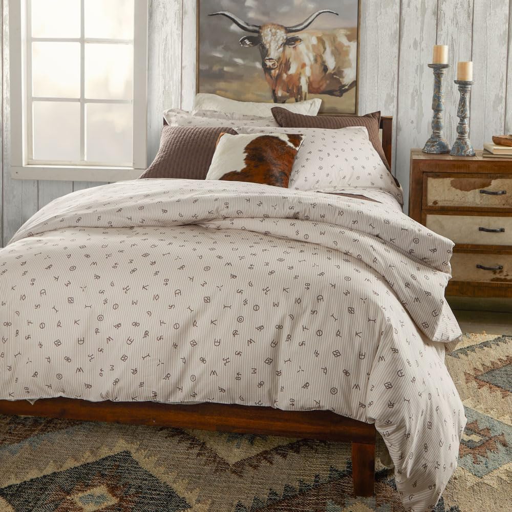 Rod's True Western Cattle Brands Ticking Stripe Queen Duvet Set – 3 Piece Western Bedding, Beige and White Cotton with Shams