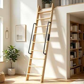 9.8FT Solid Wood Rolling Library Ladder, Industrial Style Loft Ladder with Double Handrails, 9 Steps Attic Ladder, 660LBS High Capacity, for Attic, Warehouse, Library, Bookshelf, Kitchen 9.8ft