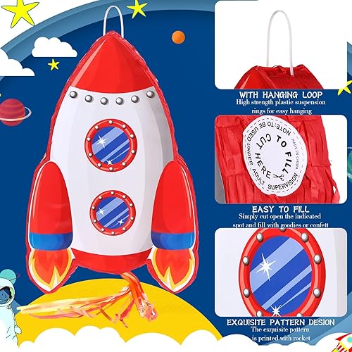 Miniatura 4 de Piñata espacial de cohete con los ojos vendados y murciélagos, suministros de fiesta temática para niñas, niños, fiesta de cumpleaños, juguetes,