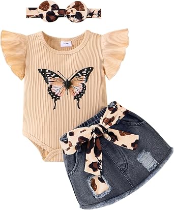 Baby Girl Summer Clothes Cute Butterfly Printed Romper + Denim Skirt + Headband 3pcs Shorts Set 0-18 Months