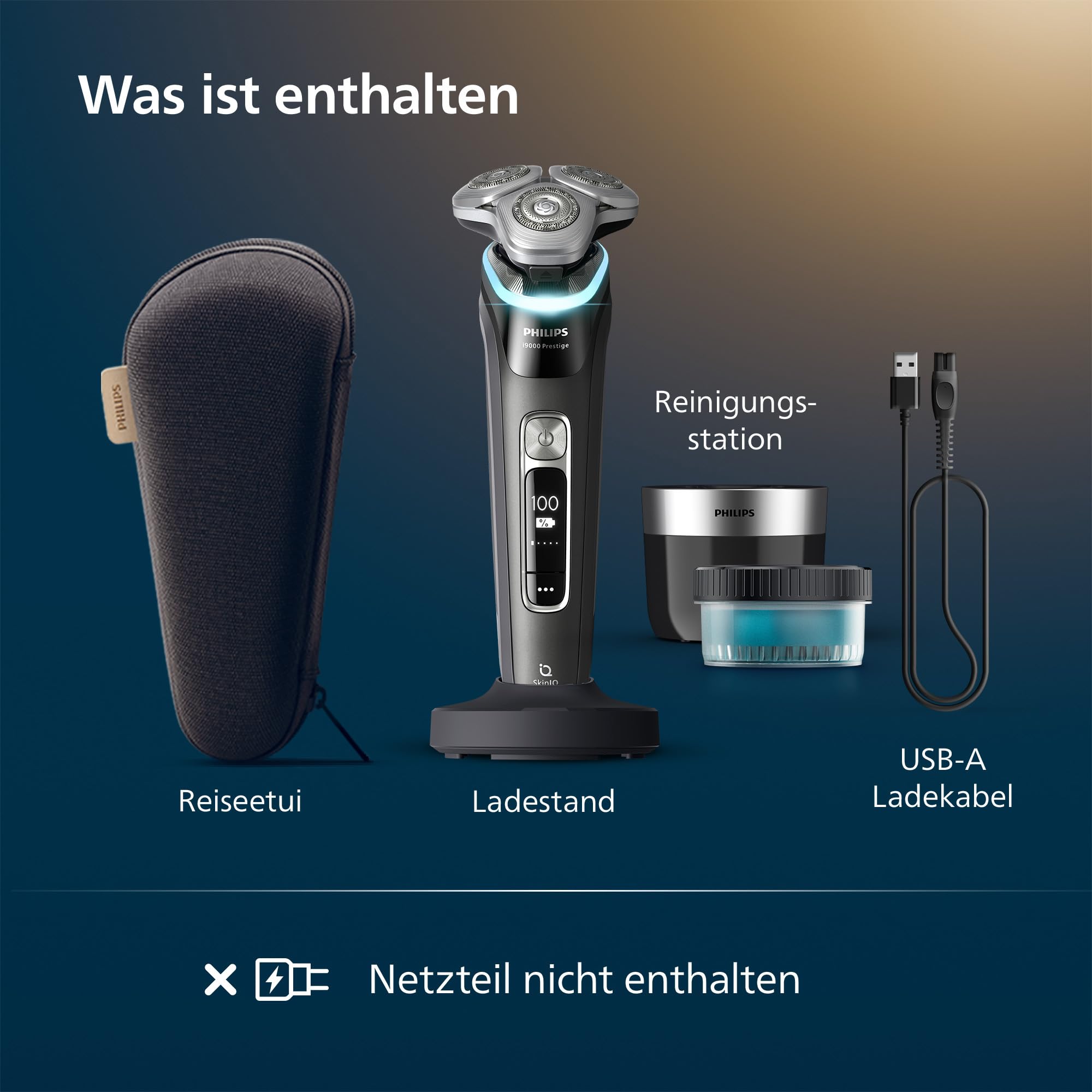 Philips Rasierer i9000 Prestige, elektrischer Nass- und Trockenrasierer für Herren mit integriertem Trimmer, schwarz, Drucksensor, Reinigungsstation, Ladestation und Reiseetui (Modell XP9207/30)