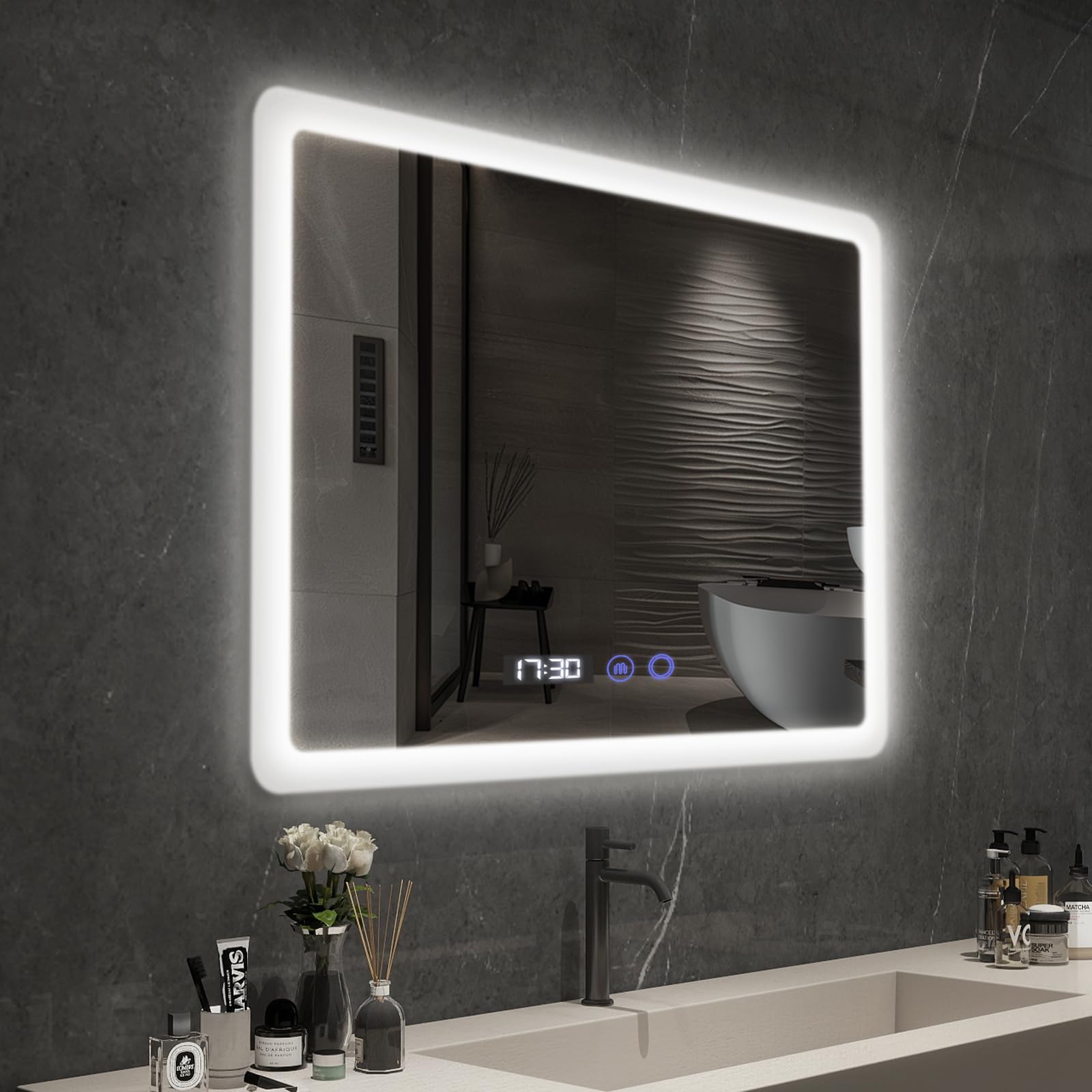YOURLITE Miroir Salle de Bain LED 80x60 cm Dimmable 3 Couleurs Antibuée Affichage Horloge Température IP44 Blanc