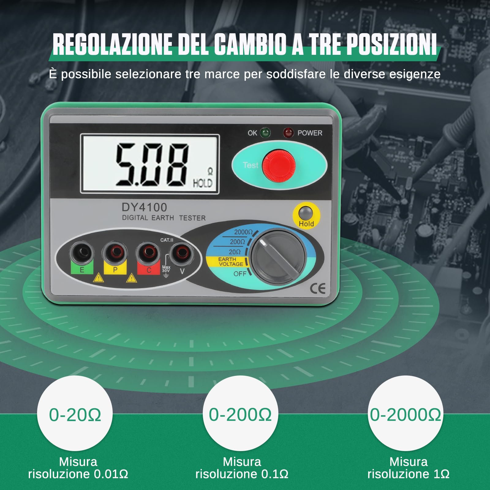 DY4100 Misuratore di Resistenza di Terra 0~2000 Ω Tester Digitale di Resistenza di Messa a Terra