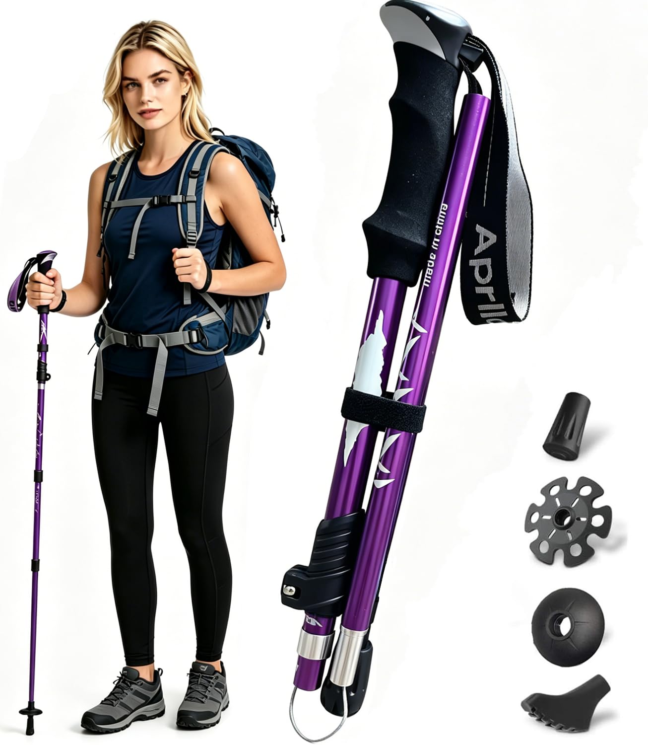 Trekking Poles, Collapsible Walking Poles for Men Women, Adjustable Lightweight Walking sticks for Trekking, Camping, Backpacking, Hiking (Purple-Single Pole)