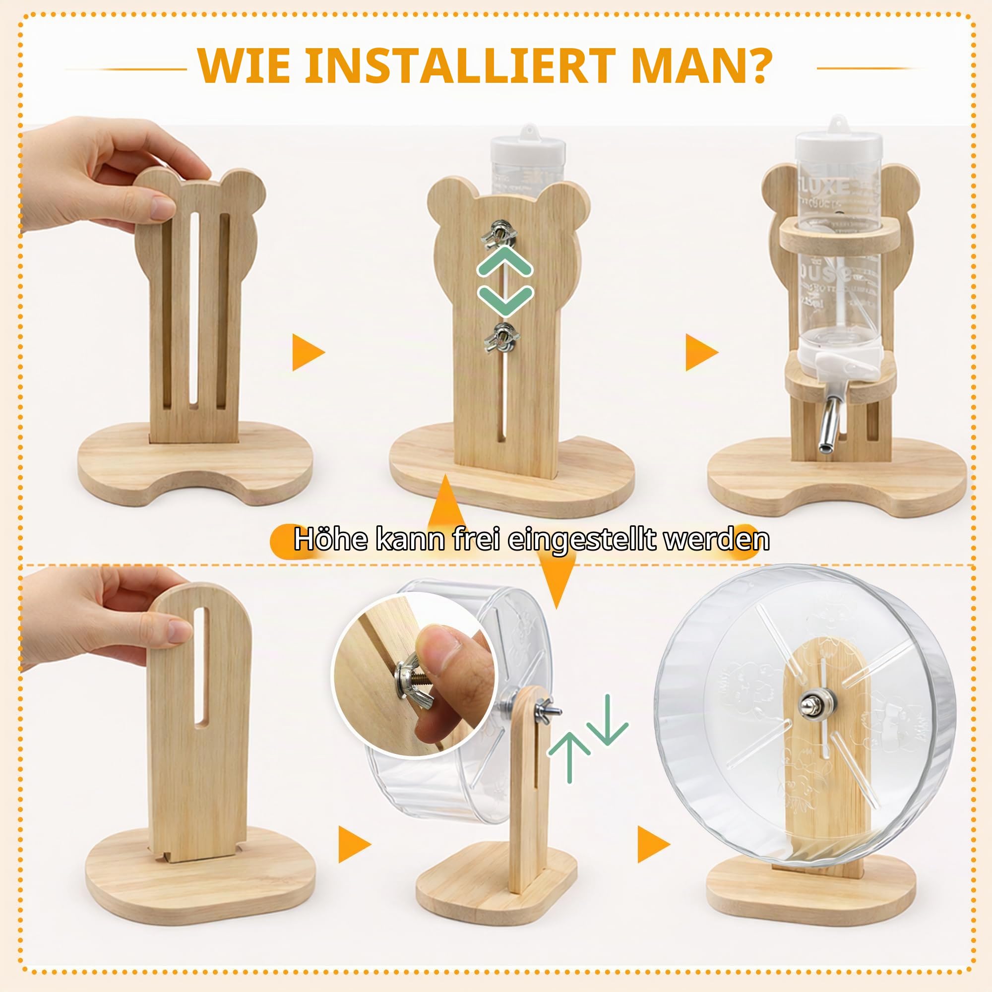 20-teiliges Hamsterkäfig-Zubehörset, 24 cm leises Hamsterrad, Kauspielzeugset, Holzhaus und Trinkflasche mit Ständer für Chinchillas, Kaninchen, Meerschweinchen, Ratten und andere Kleintiere (Gelb)