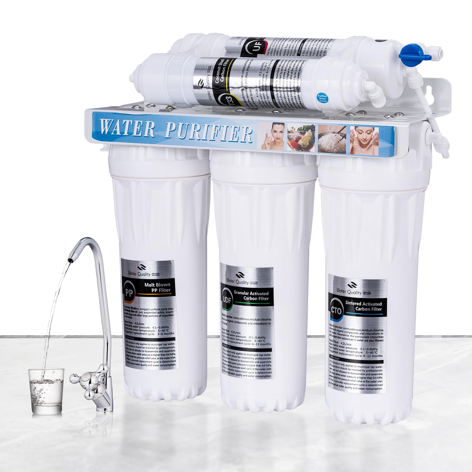 TOPWAY Sistema de Filtro de Agua Debajo del Fregadero de 5 Etapas, 0,01 Micrones Sistema de Ultrafiltración de 10"