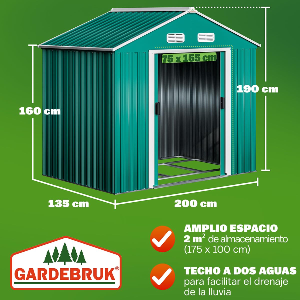 GARDEBRUK® Cobertizo de Jardín Exterior con Base 2m² Caseta Acero Galvanizado 200x135x190cm XL Puerta Corredera Techo Dos Aguas Ventilación Resistente Intemperie Almacenamiento Orden 4 Ganchos Verde