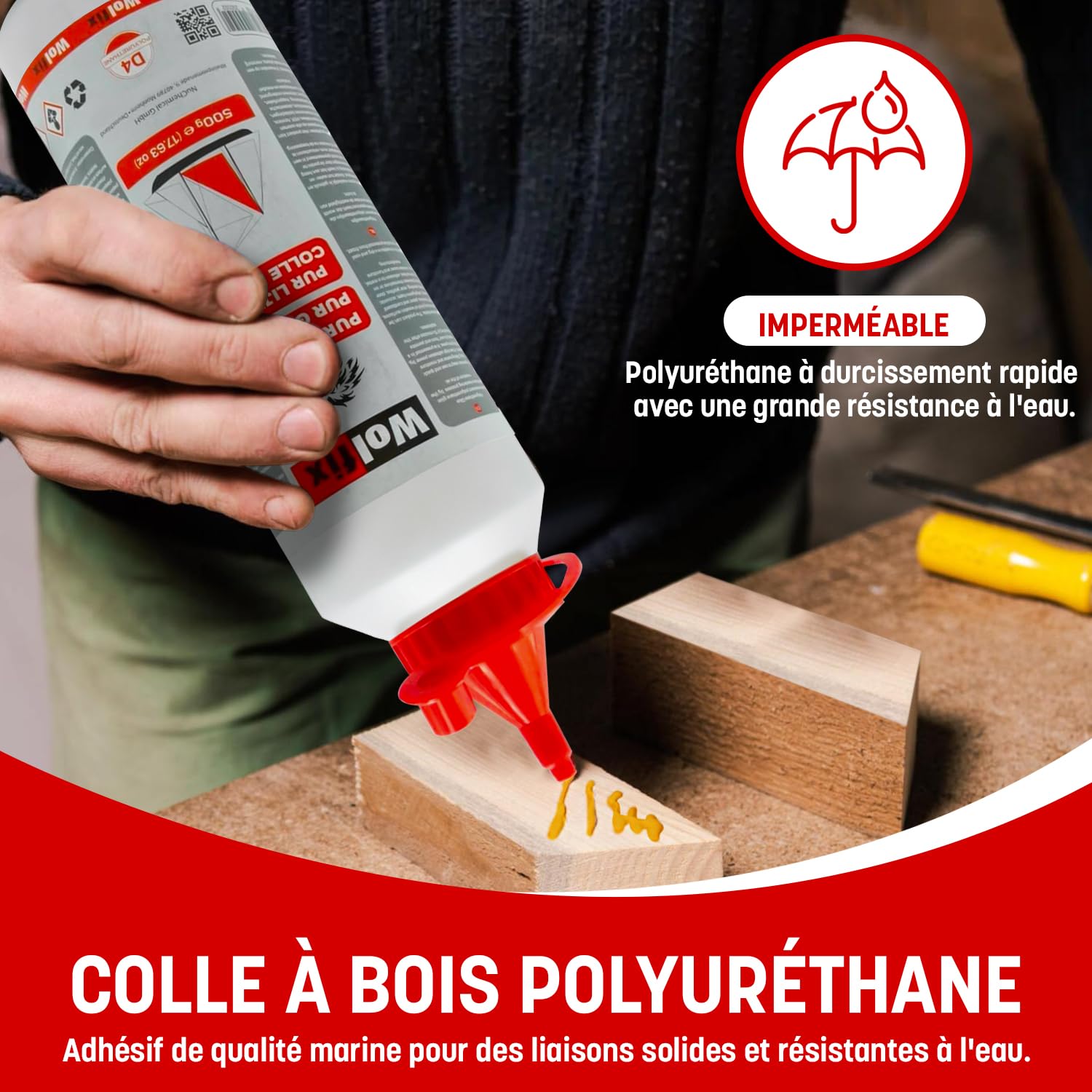 Wolfix Colle a Bois Extra Forte 500g D4 PVC PUR PU Express - Colle Polyuréthane Résistante à l'Eau et à Séchage Rapide - Colle à Bois PVC, de montage, de bricolage