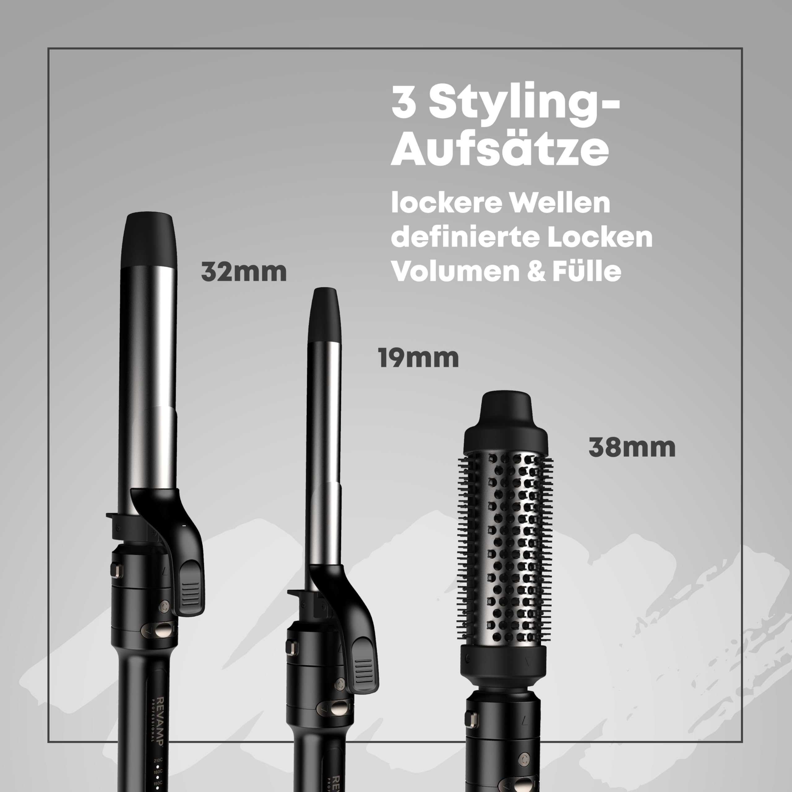 REVAMP Multi Style Revolve Lockenstab 3-in-1 - Automatisch Rotierend | 38 mm Lockenbürste, 32 mm und 19 mm Aufsatz, Multi-Styler, Volumen, Sanfte Wellen, Locken