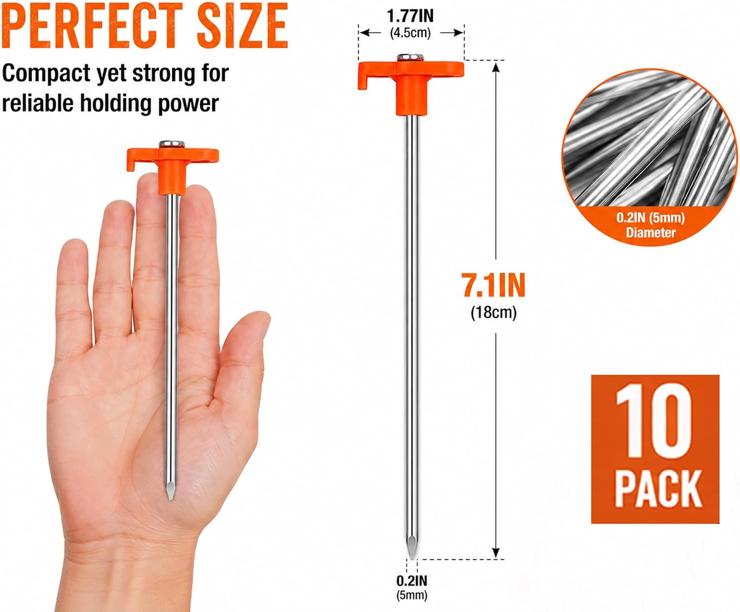 7.1IN Heavy Duty Tent Stakes, 10 Pack Rust Resistant Galvanized Steel Ground Stakes with High Visibility Orange T-Head for Camping Tents, Tarps & Canopies
