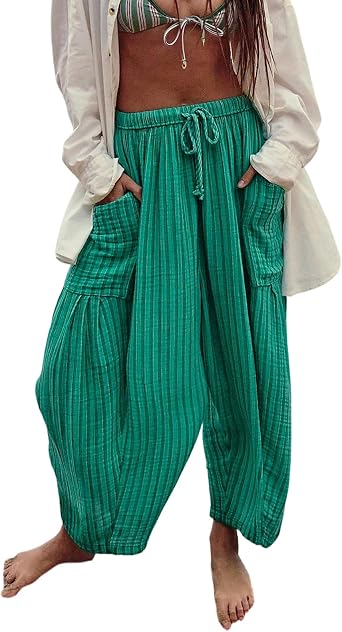 Foidiccx Womens Striped Baggy Loose Fit Harem Pants Y2k Wide Leg Going Out Beach Boho Elastic Waist Drawstring Barrel Pant