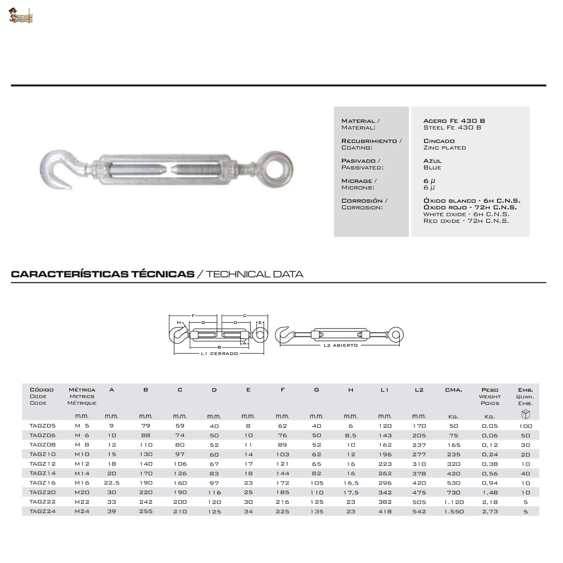 BricoLoco Tensor gancho anilla cable de acero, cuerda, alambre, tendedero, toldo. Cincado galvanizado. De métrica M-5 a M-24. Máxima capacidad de extensión. (M-24 (418-542 mm.), 10 uds.)