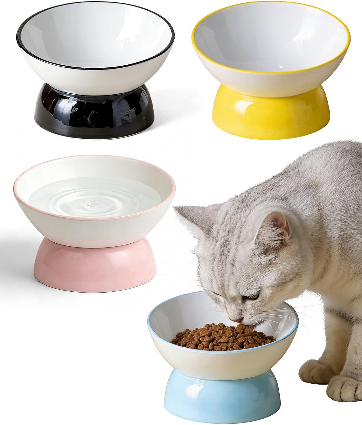 Ceramic Elevated Cats Bowls, 4Pc Extra Wide Raised Cats Bowls, Shallow Whisker Friendly Food & Water Dish, Anti Vomit, Microwave & Dishwasher Safe, 5 oz (Cat Bell 5 X 4.3'')
