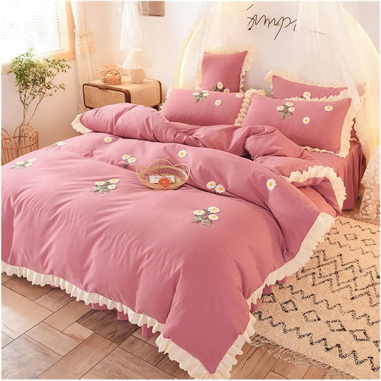 Fit Breathable Princess Style Bed Skirt Embroidered Brushed Student Dormitory Bed Three-Piece Set SetMachine Washable (Colour: Green Size: 150cmBed4pcs) (Purple 180cmBed4pcs)