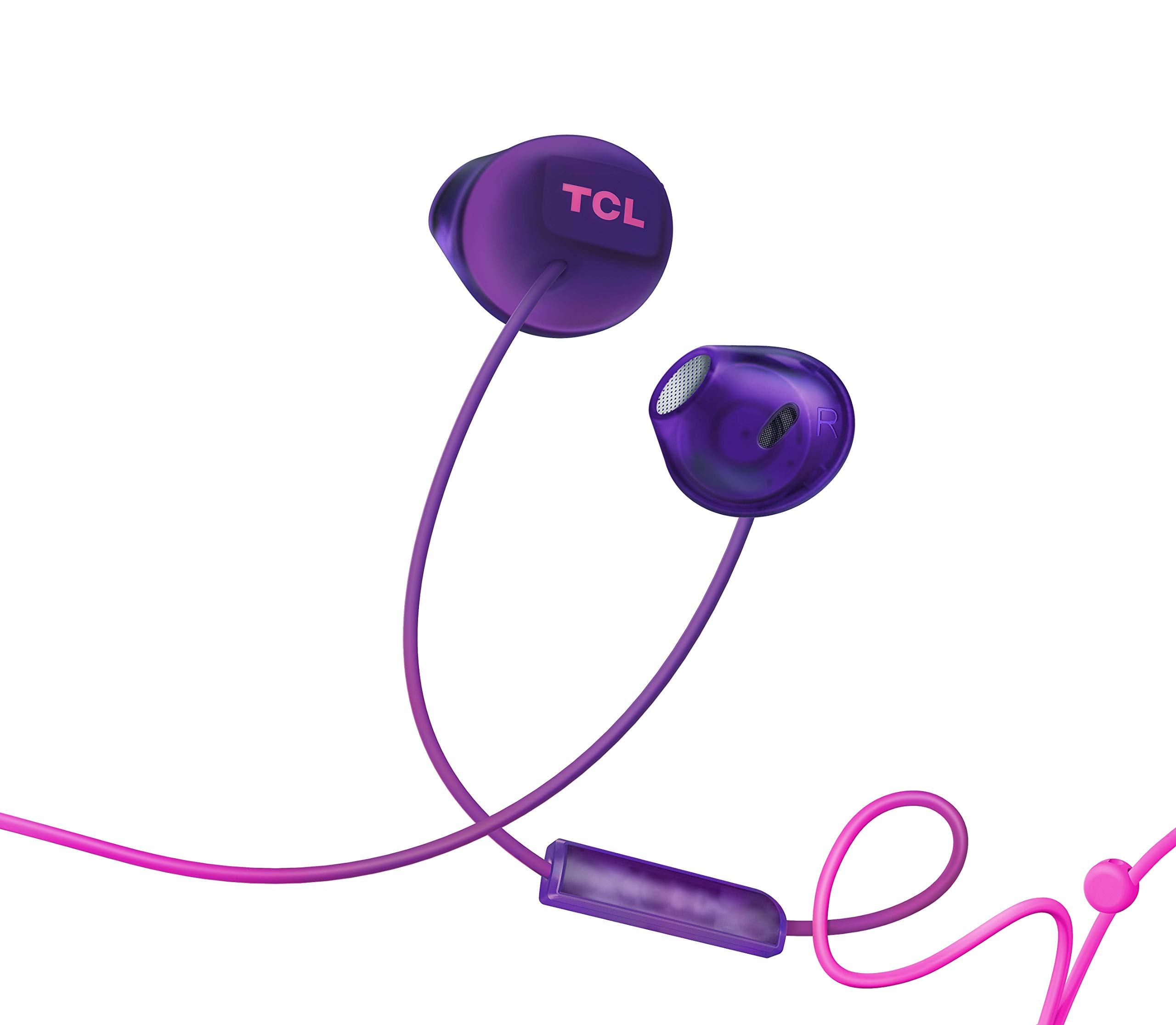 TCL SOCL200 słuchawki douszne z mikrofonem (bezpieczne dopasowanie, wbudowany mikrofon i pilot zdalnego sterowania do sterowania muzyką i połączeniami, usuwanie echo), fioletowy wschód słońca