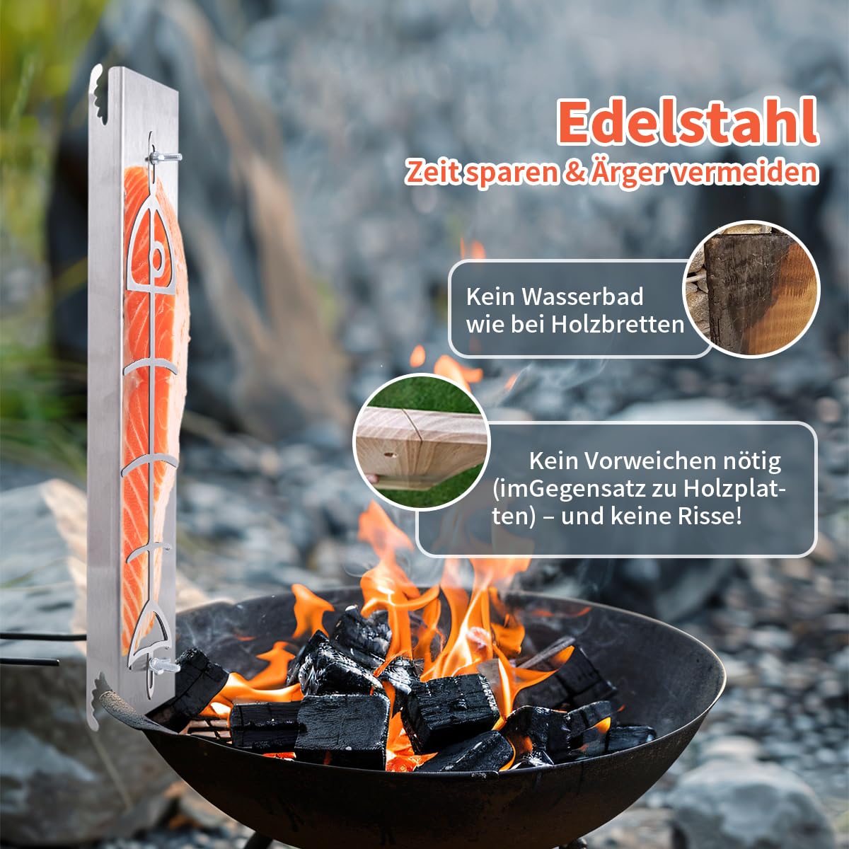 AMOZO Edelstahl Flammlachshalter für Feuerschalen & Kugelgrills | Grillzubehör für Feuerschale und Kugelgrill mit 180° Wendefunktion | Ohne Schrauben | Alternative zum Flammlachsbretter.
