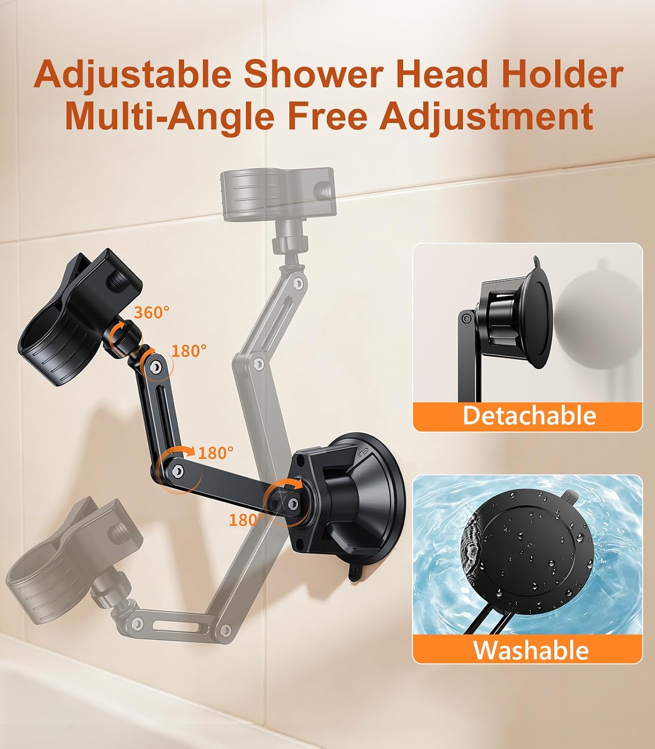 Adjustable Suction Shower Head Holder, Large Size,Metal Arm | Strong Suction Cup,360° Rotation & Telescopic Arm,Wall Mount for RV/Bathroom,No Drill Adhesive Free Showerhead Mount Hanger