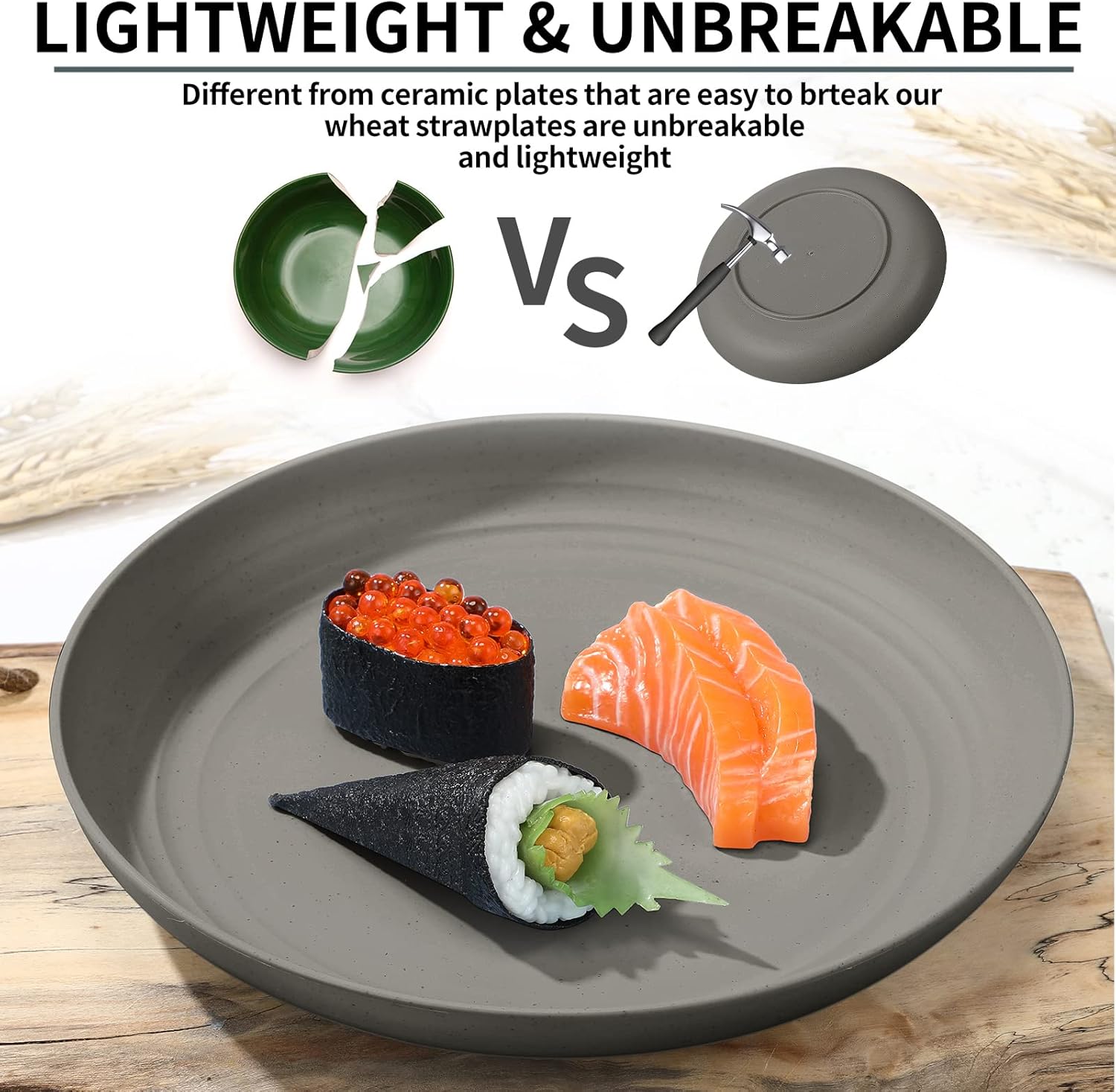 Zopeal 15 Pcs Unbreakable 10 Inch Wheat Straw Plates Set for Fruit Kitchen Salad Dessert Cakes Dish Reusable Plastic Lightweight Deep Dinner Plates, Microwave and Dishwasher Safe(Gray)