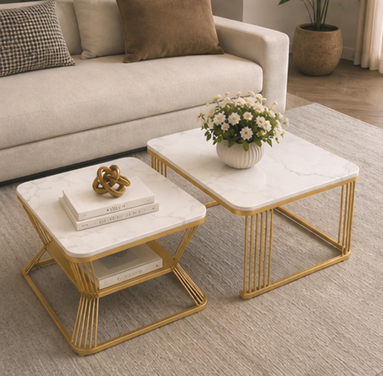 Coffee Table Set of 2, Modern Marble Finish Top with Gold Metal Frame, Stackable Center Tables for Living Room, Small Space Tables for Apartment & Office-image-27
