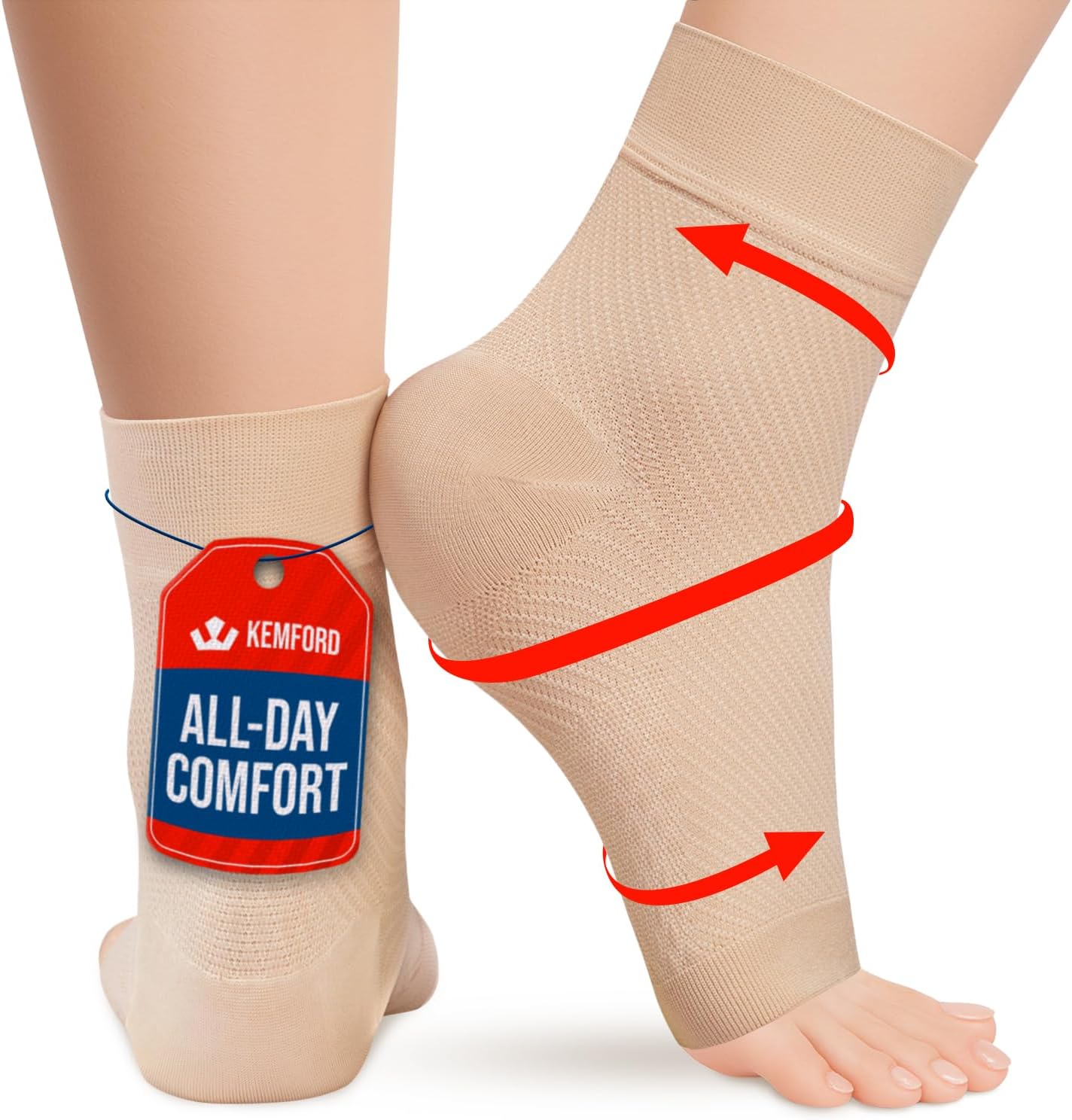 KEMFORD Ankle Compression Sleeve - Plantar Fasciitis Braces - Open Toe Compression Socks for Swelling, Sprain, Neuropathy, Foot Arch Support for Men and Women - 20-30mmhg, M, Beige
