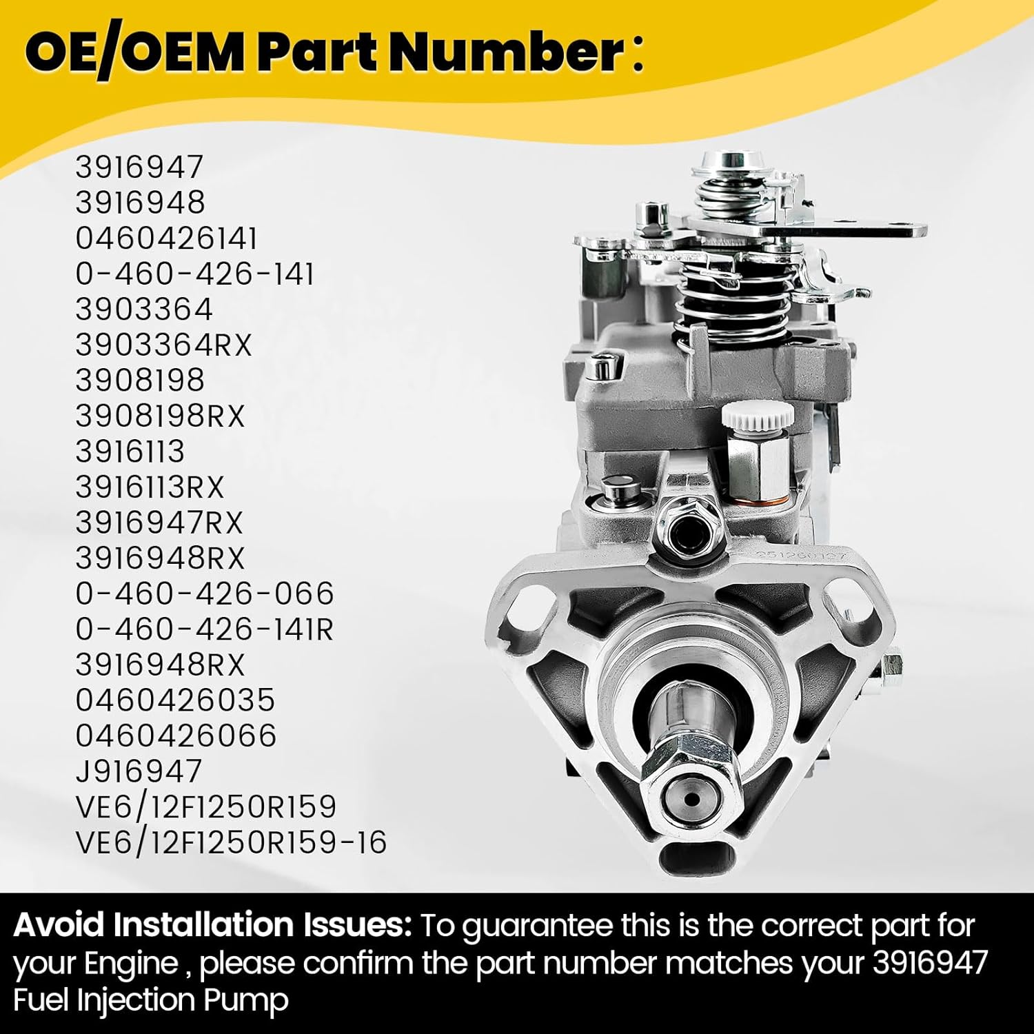 3916947 VE6 Fuel Injection Pump Compatible with Cummins 6BT 5.9L Engine Replace 3916948 0460426141