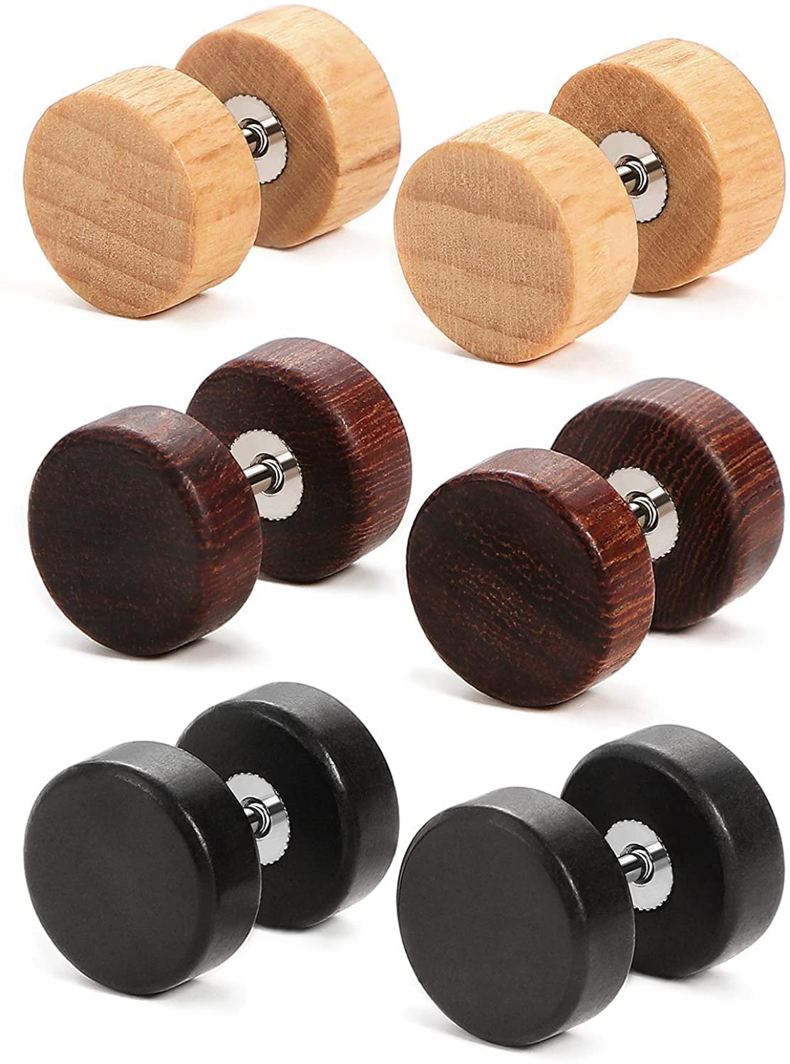 VIENNatural Wood Screw Studs Earrings for Men Women Fake Gauges Illusion Ear Piercing Ear Plugs Tunnel, 3 Pairs Wood Stud Earring