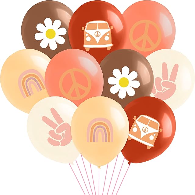 A1DIEE 50Pcs Groovy Retro Hippie Boho Girl Party Balloons 12Inch Daisy Flower Rainbow Bus Peace Sign Latex Balloons Bouquet Hippie Themed Birthday Party Decoration Supplies for Girls Women Baby