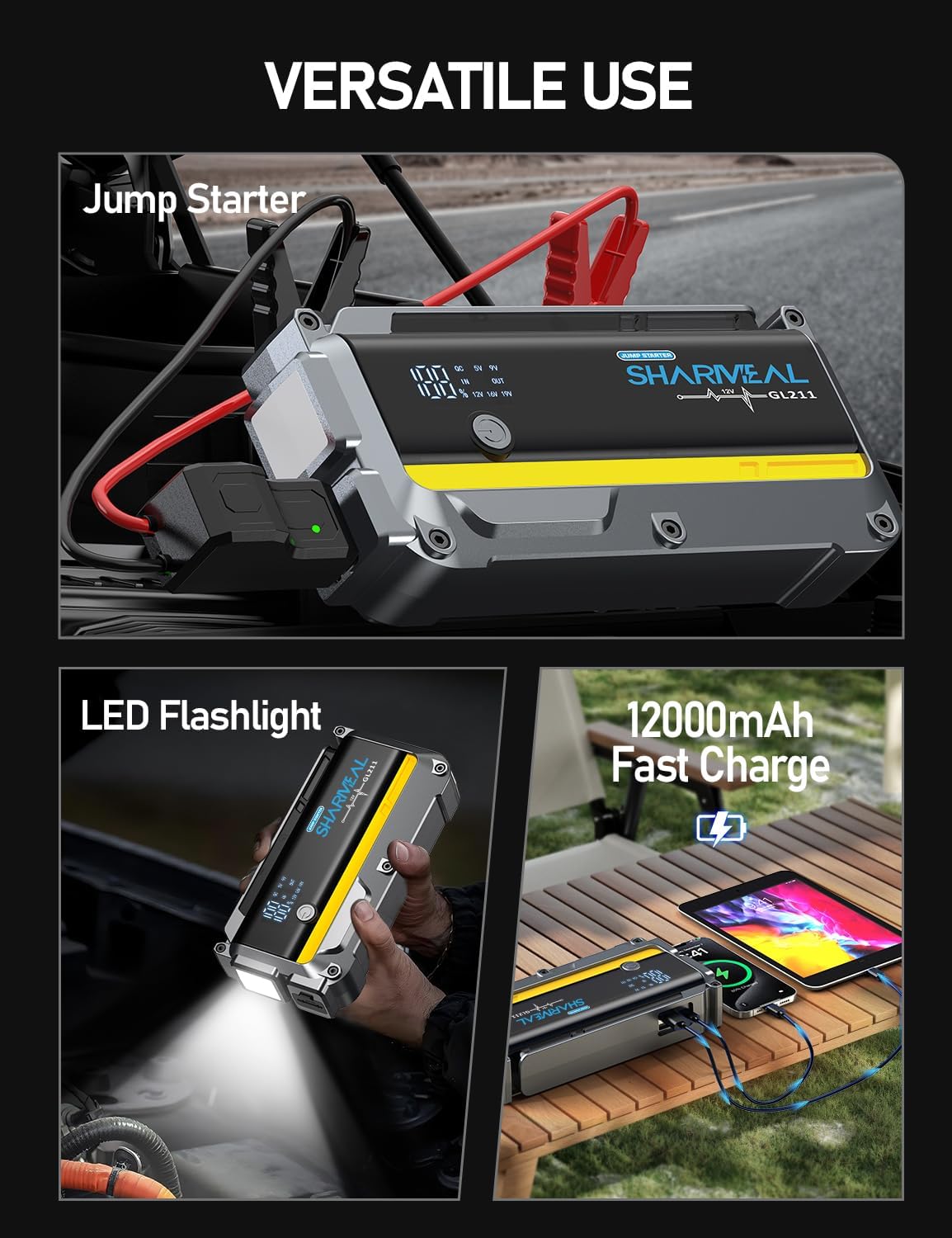 Sharmeal 7000A Car Battery Jump Starter, 12000mAh Car Jumper Starter Battery Pack for Up to All Gas & 12.0L Diesel Engines, 12V Jump Box with 3 Modes Flashlight and Jumper Cable(Yellow-7000A) - Image 5