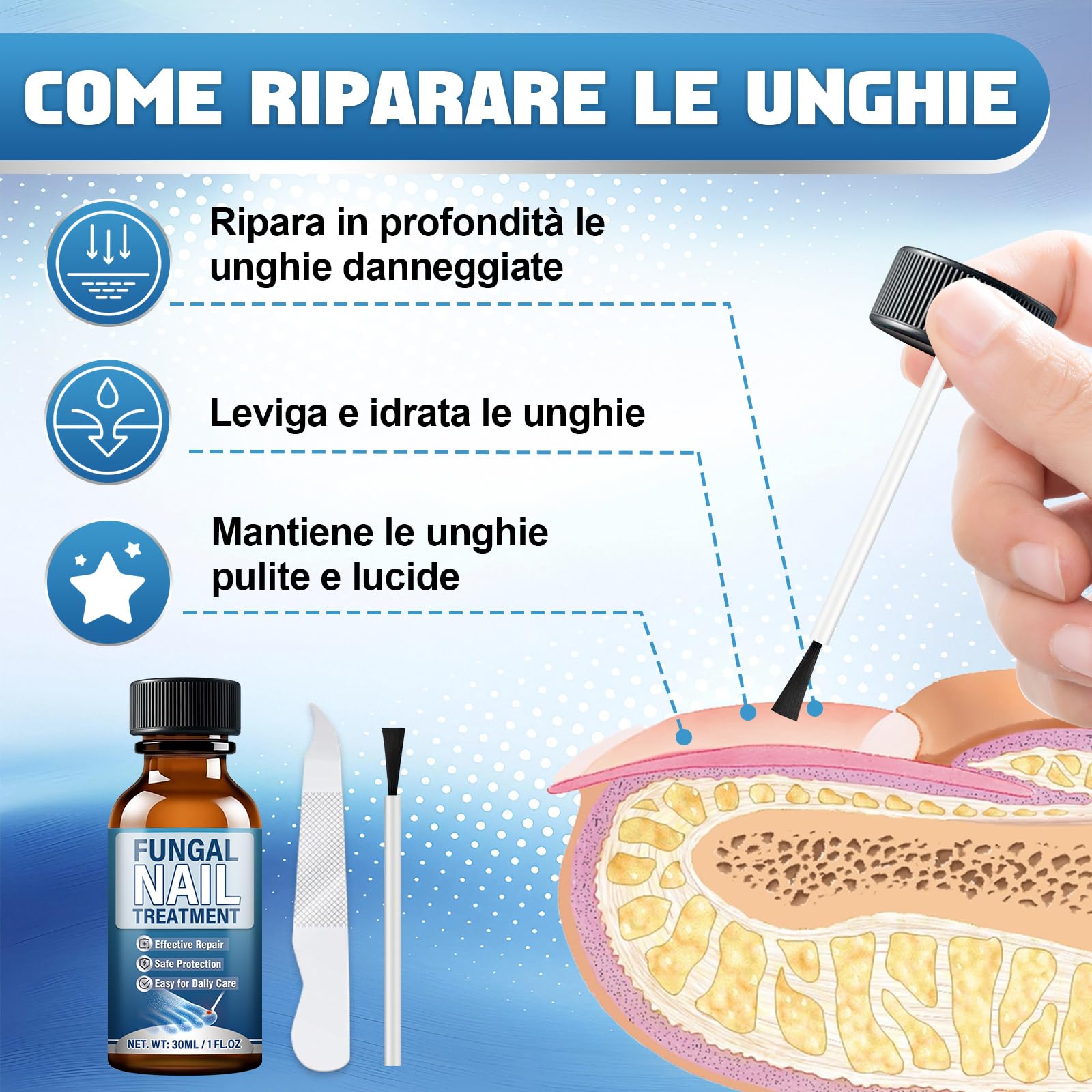 Micosi Unghie Piede, 30ml Liquido Antimicotico Unghie Piedi, Efficace Funghi Unghie Piedi con Pennello e Lima per Unghie Spesse, Ingiallite, Opache o Danneggiate