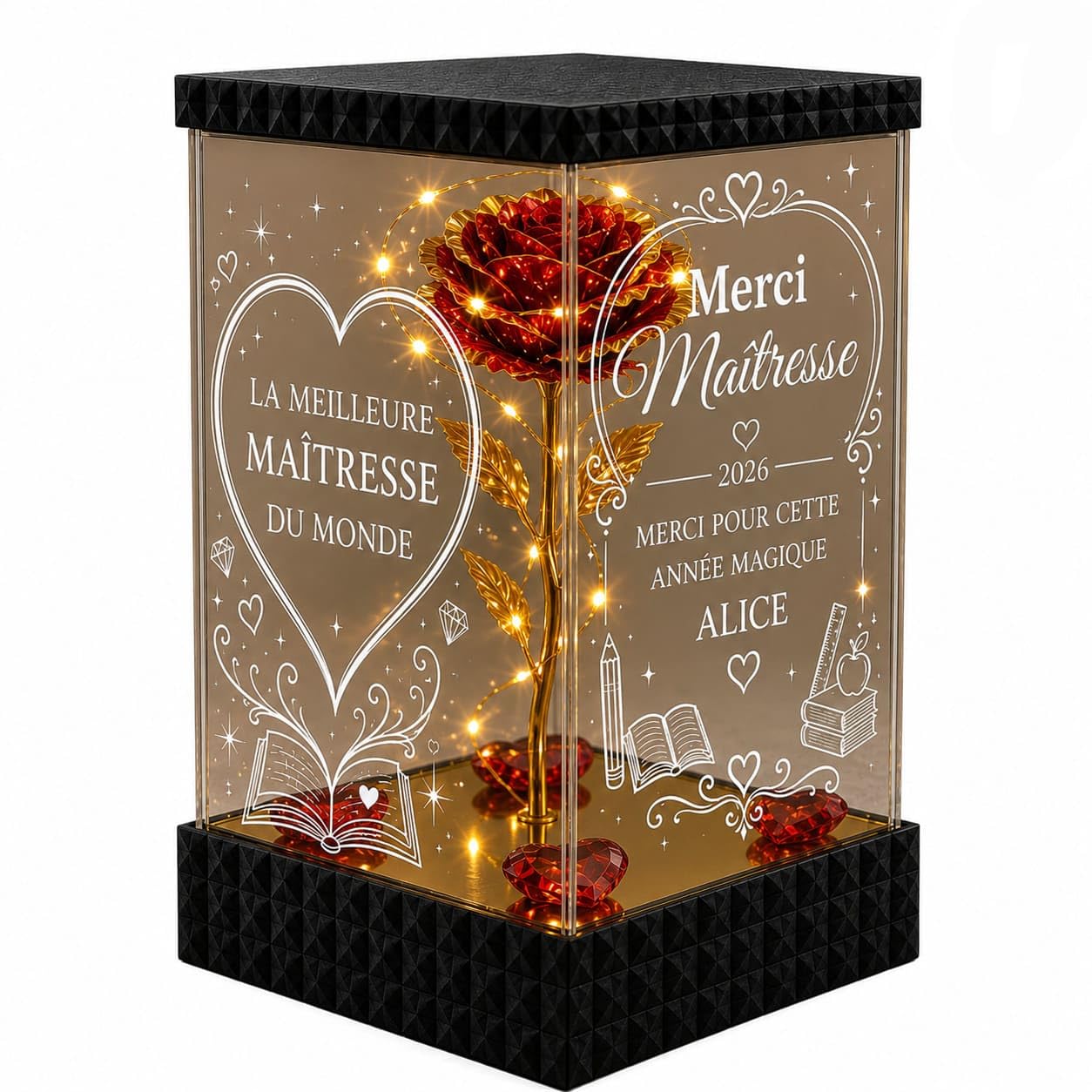 Cadeau Maîtresse : Rose Éternelle Lumineuse avec Message Personnalisé Fin d'Année