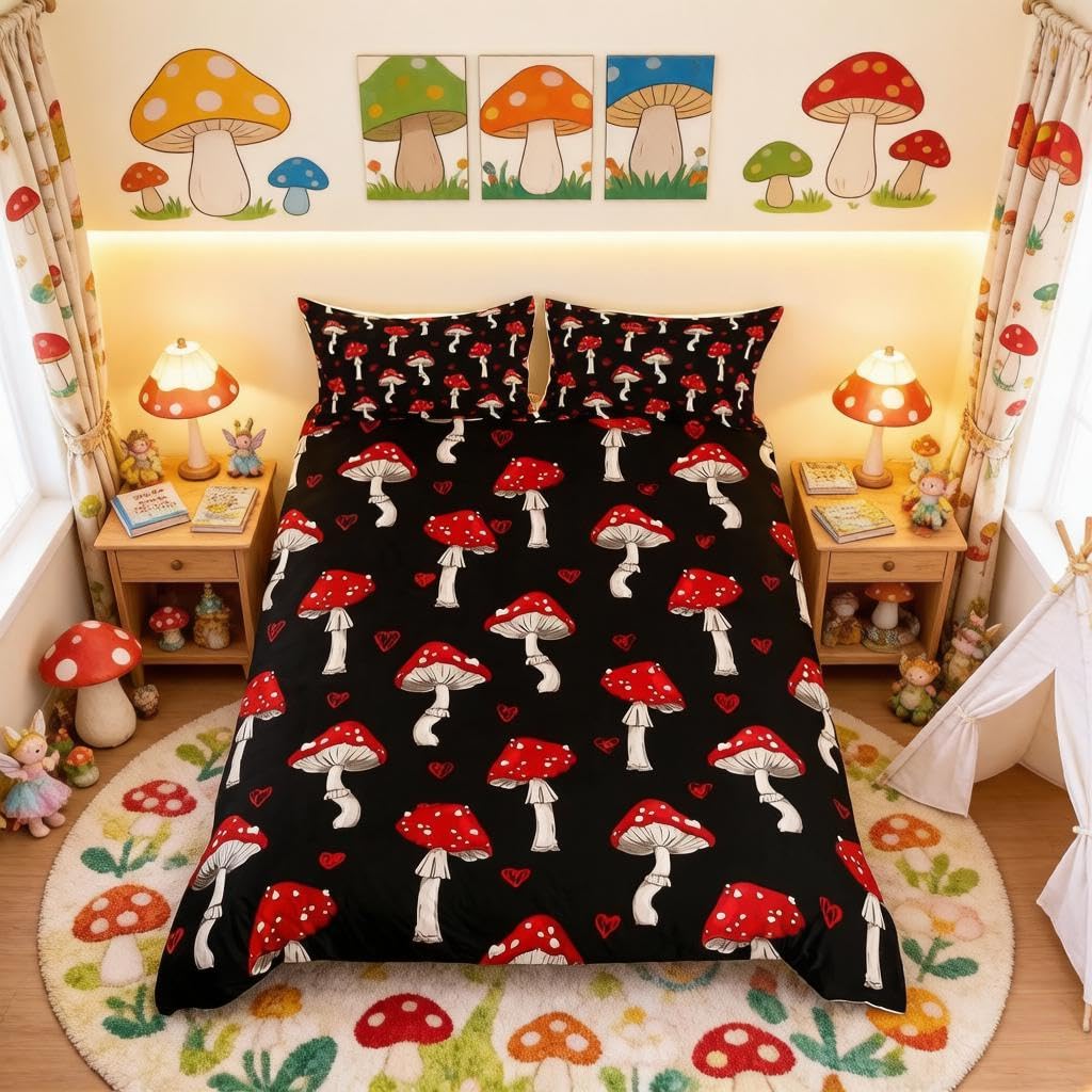 Loussiesd Mushrooms Bedding Set Super King Cute Red Mushroom Duvet Cover Kids Girls Cartoon Botanical Plants Comforter Cover Child Kawaii Natural Wild Fungus Bedding & Linen Red Black Bedding & Linen — image 1