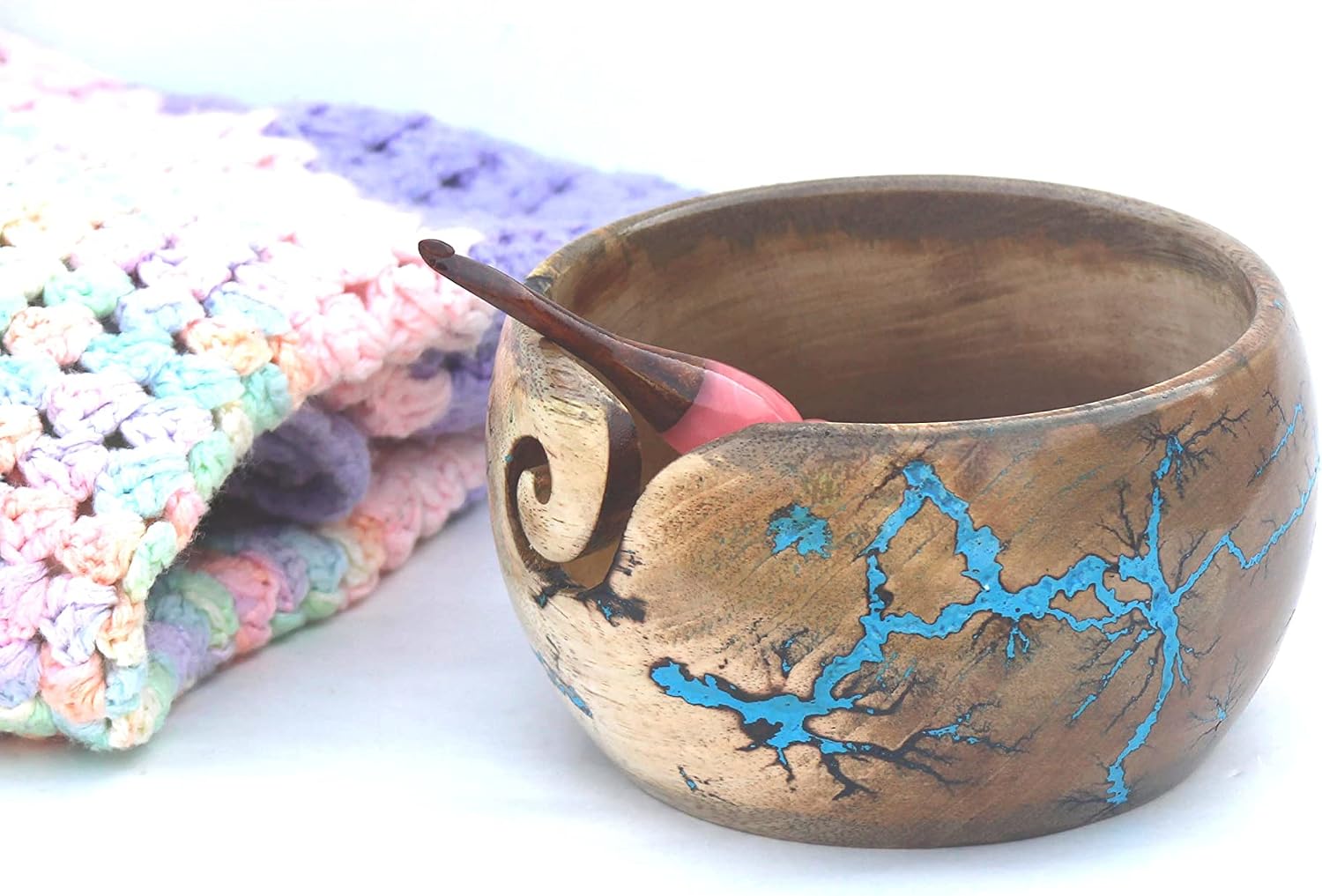 Wooden Yarn Bowl - Knitting Yarn Bowls with Holes Crochet Bowl Holder Handmade Yarn Storage Bowl - Lichtenberg Figure Yarn Bowl (Blue)