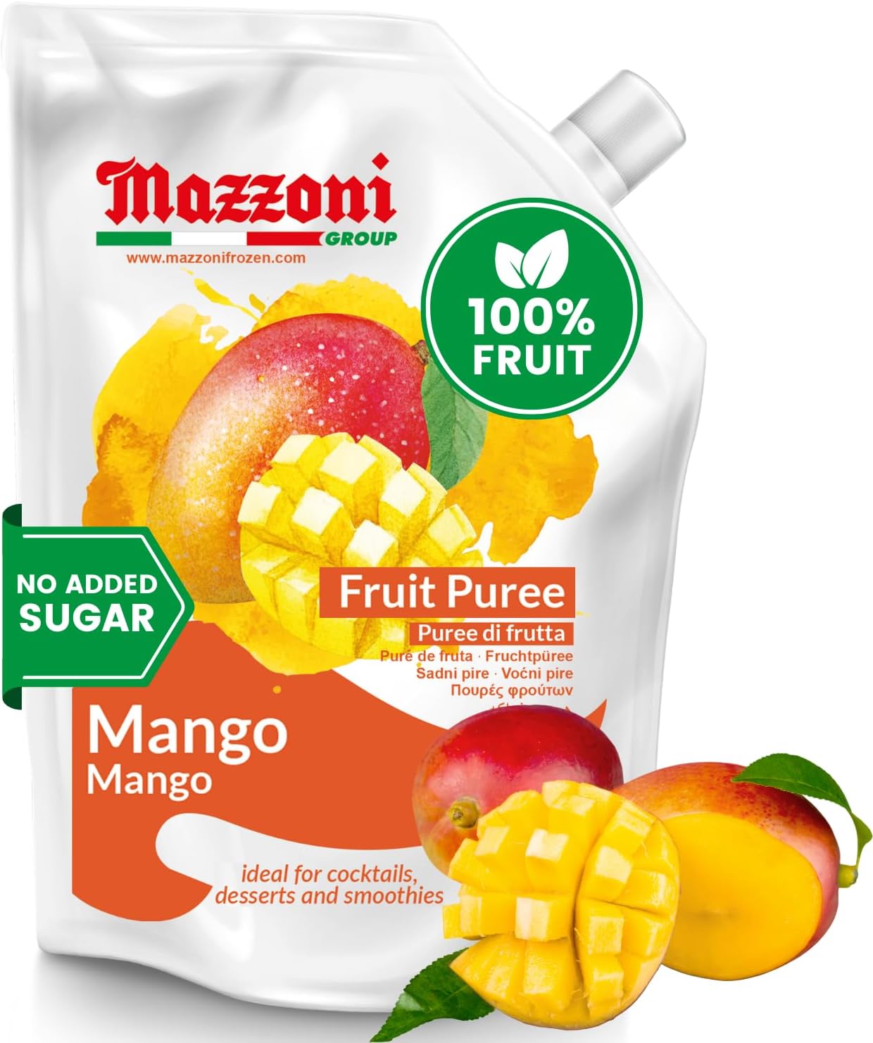 Mango Puree, 100% Pure Mango, Just Fruit, No Sugar Added, Real Fruit for Smoothies, Drinks, Cocktails, Fruit Juice, Mango Lassi, Pulp- 2.2 lb Convenient Pouch, Mazzoni, Made in Italy