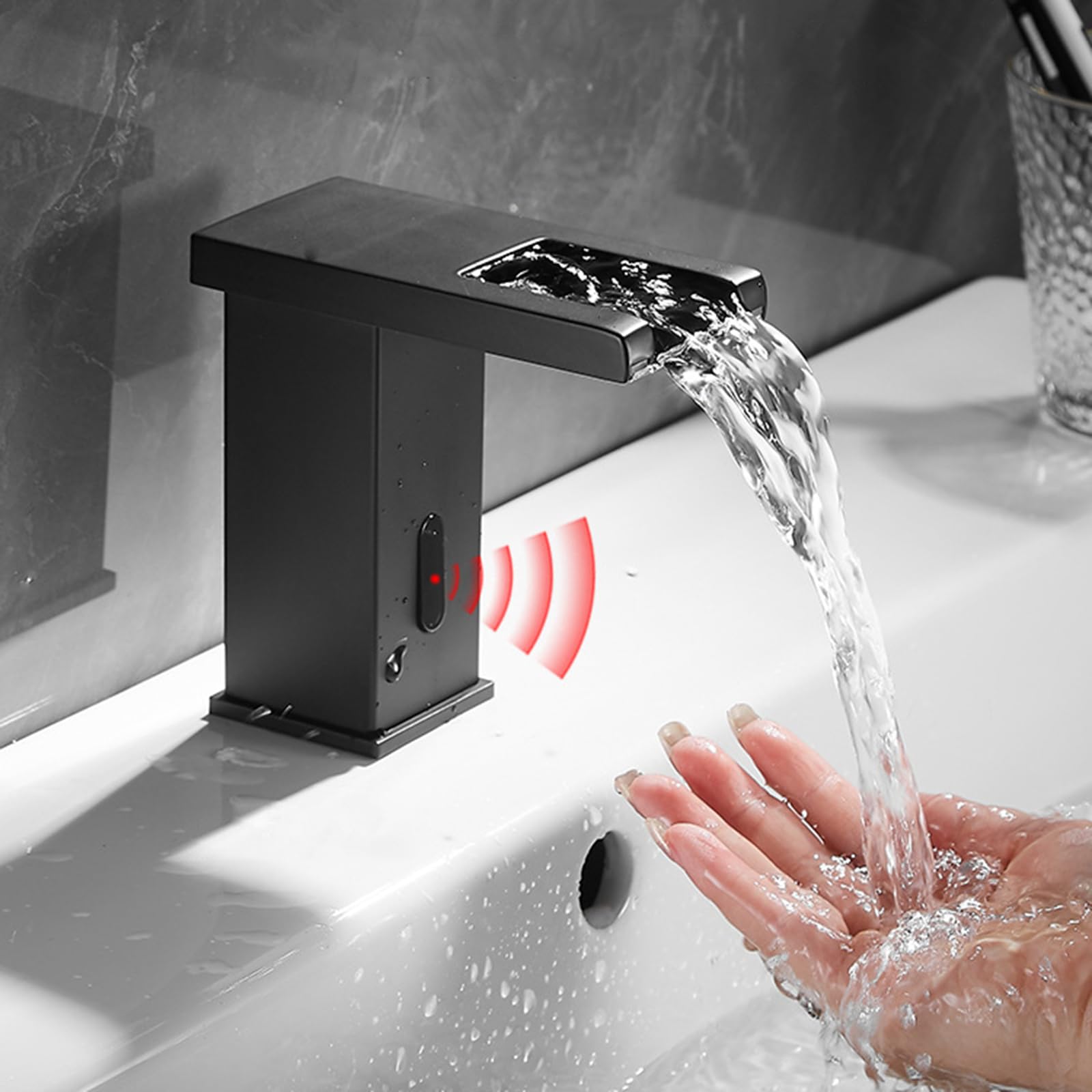 XJTNLB Wasserhahn mit Sensor Batterie Waschtischarmatur Sensor Wasserfall Waschbecken Armatur,Schwarz,Niedrig