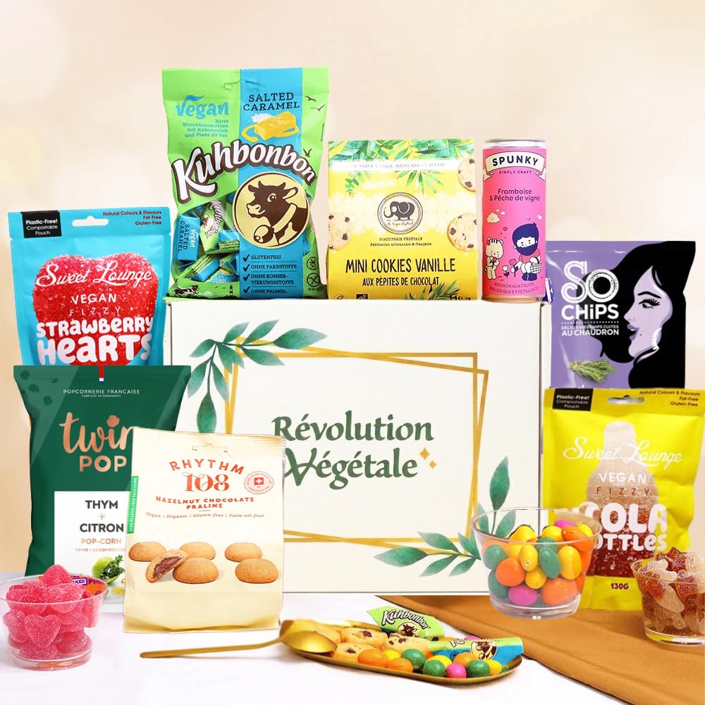 Coffret Cadeau Snacks Vegan - Box 100% Vegan : 8 Gourmandises, Bonbons, Biscuits, Chips et Boisson - Révolution Végétale