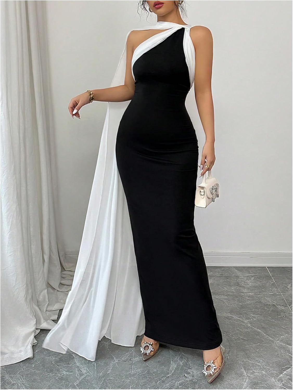 GORGLITTER Women's Formal Bodycon Maxi Evening Dress One Shoulder Sleeveless Cocktail Elegant Classy Dresses with Scarf - Image 5
