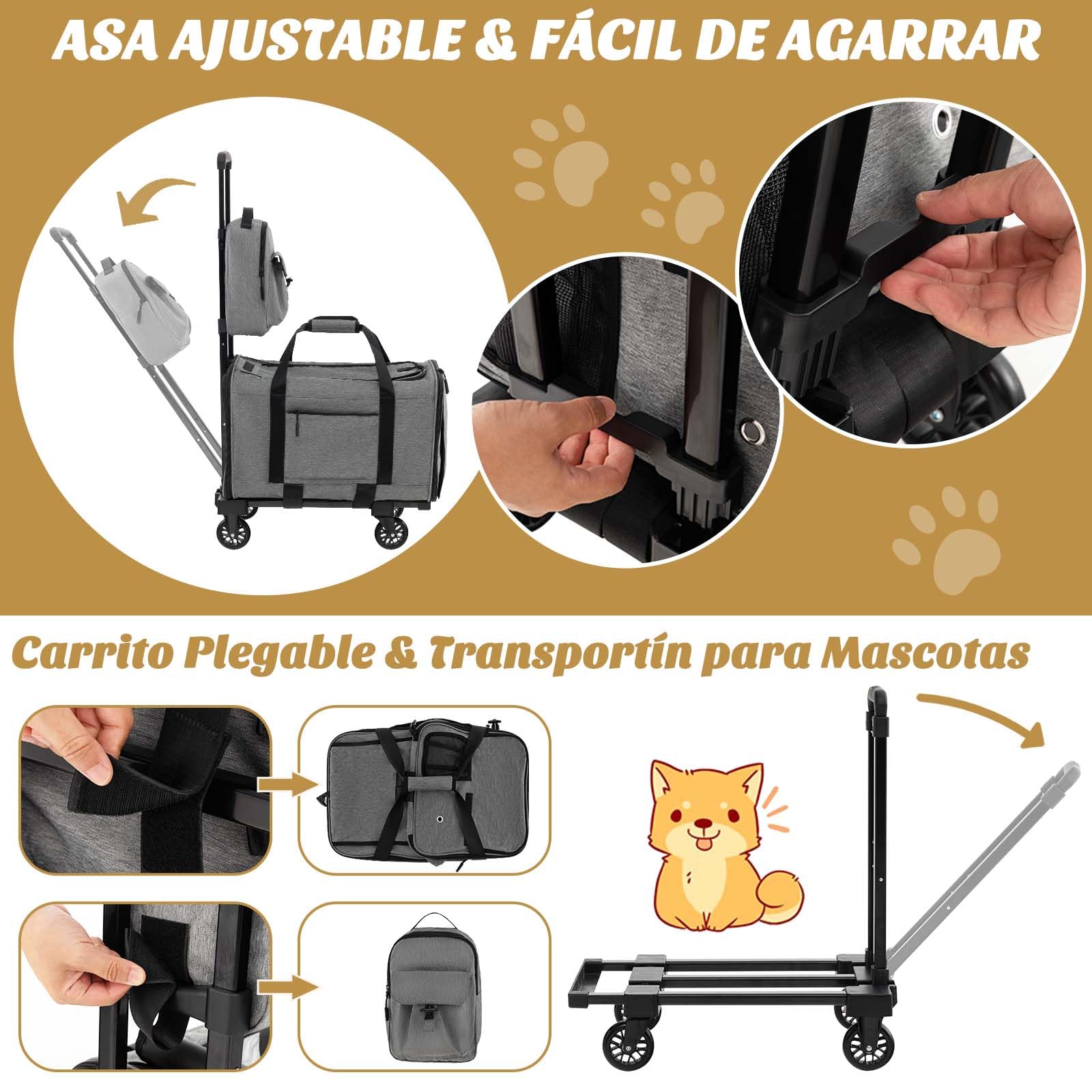 GOPLUS Carrito para Perros Plegable con Ruedas, Cochecito para Mascotas con base de doble cara, asa telescópica, Caja de Transporte y Bandolera, Trolley para Mascotas Pequeñas y Medianas, Hasta 100 KG