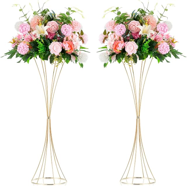 Nuptio 2 Pcs Gold Wedding Centerpieces Table Vase, 79cm Tall Metal Trumpet Vase, Road Lead for Wedding Party Dinner Centerpiece, Flower Stand for Christmas Anniversary Birthday Home Decoration