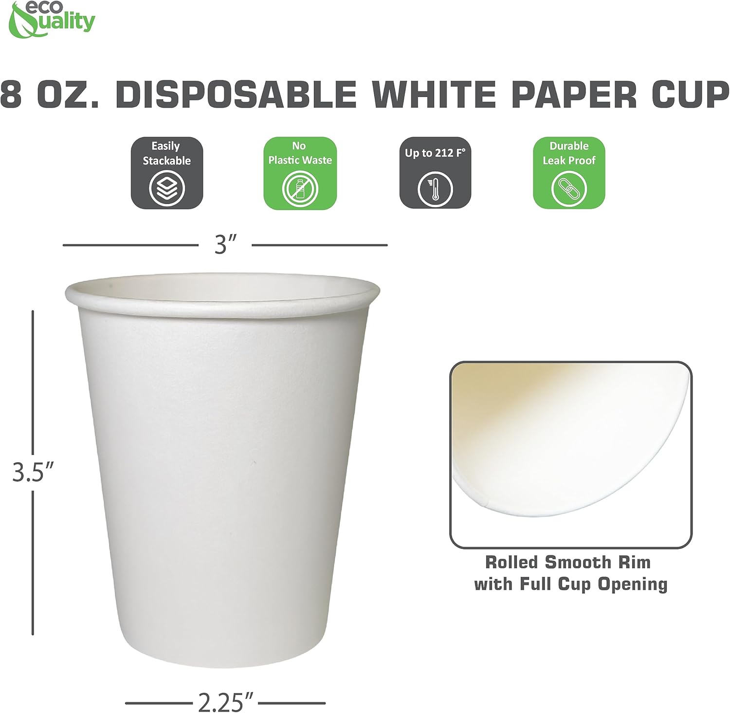 EcoQuality White Hot Drink Paper Cups 8 oz Disposable Coffee Cups, Recyclable, Compostable, Great for Office, Breakrooms, Restaurants, Coffee Shops, Tea Shops, Latte, Chai (500)